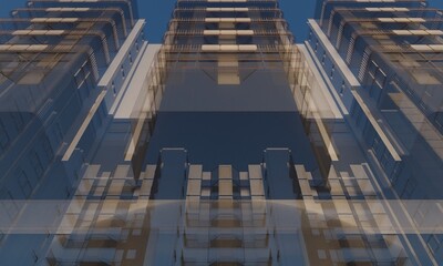 View of transparent modern building 3d rendering architectural wallpaper background