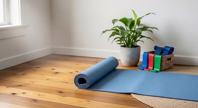 Yoga mat and resistance bands Home workout fitness equipment Healthy lifestyle concept Flat lay photography Wooden floor backgroun