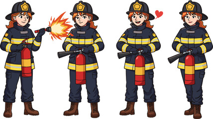Female firefighter in uniform, cartoon character, fire rescue, emergency service, woman firefighter, fire extinguisher, heroic rescue team, safety profession