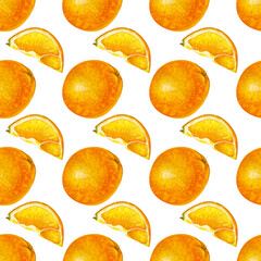 Seamless hand-drawn pattern with oranges, whole and in pieces. Watercolor illustration isolated on a white background. Botanical seamless background with bright fruits for packaging, wallpaper