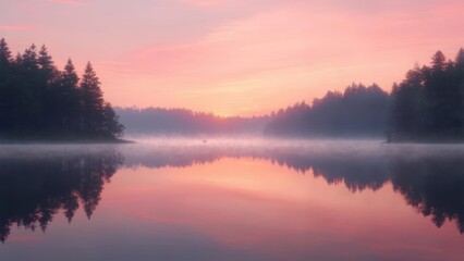 Fototapeta premium Lake reflection with forest and sunset sky
