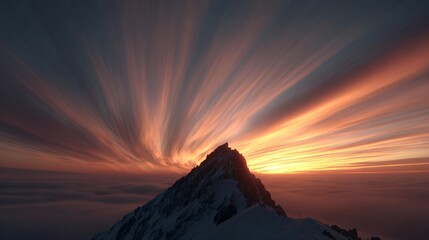 Mountain peak silhouette against a dramatic sky with sun rays and clouds.
