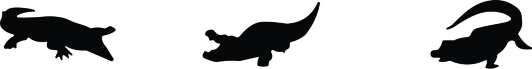 Silhouette set of crocodiles in different poses, wild animal vector illustration, reptile concept, black and white nature design