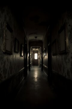 Atmospheric, creepy, A long, dark, ominous hallway inside a haunted mansion. Ornate, peeling wallpaper.