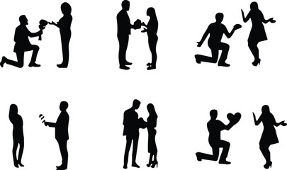 Silhouettes of couples proposing, romantic engagement scenes, black and white vector illustrations for love, marriage, or wedding concept design