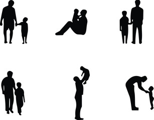 Silhouettes of father and child, family bonding moments, black and white vector illustrations for parenting, love, or family concept design