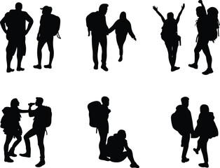 Silhouettes of hiking couples, outdoor adventure, backpack travel, resting, walking, cheering, bonding moments, nature exploration, minimal black illustration, teamwork, connection