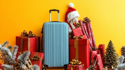 Christmas Suitcase with Gift Boxes on Yellow Background for Holiday Travel, Winter Vacation, Party Invitation, and Card Design