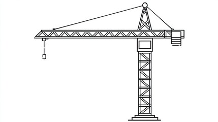 A line drawing depicts a tall, slender tower crane with a long horizontal jib, supported by a lattice structure and a counterweight.  A hook hangs from the jib's end