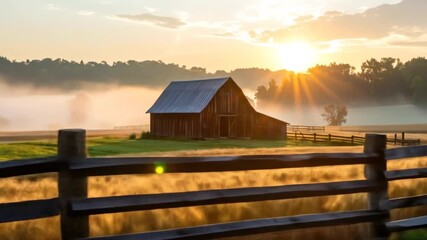 Sunrise over a Rustic Barn in a Misty Field - Powered by Adobe