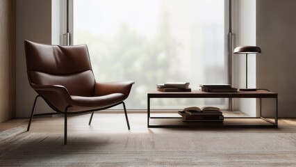 Fototapeta premium Leather armchair and coffee table in modern living room