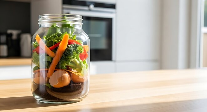 Fresh layered salad in a glass jar on a wooden kitchen counter ready for a healthy meal prep.