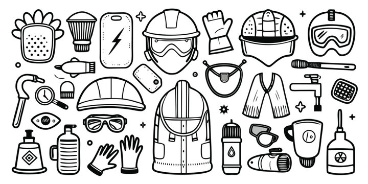 Diverse construction safety gear and tools collection doodle art elements for manual labor and building projects