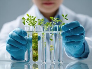 Scientist examining plant growth in test tubes, laboratory setting, scientific research, plant biology, controlled environment.