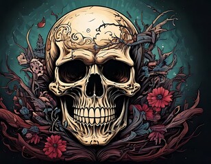 Skull adorned with floral and botanical elements
