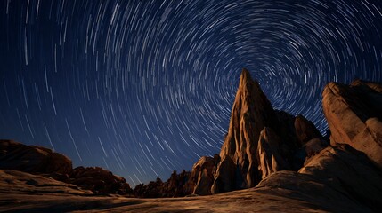 Star trails swirl above a rocky desert landscape at night.