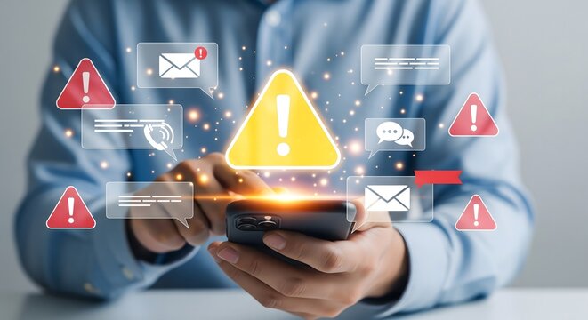 A person is holding a mobile phone with a warning sign showing potential danger of a scam. This image represents the idea of online security transparent background