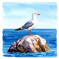 Watercolor seagull on a rock