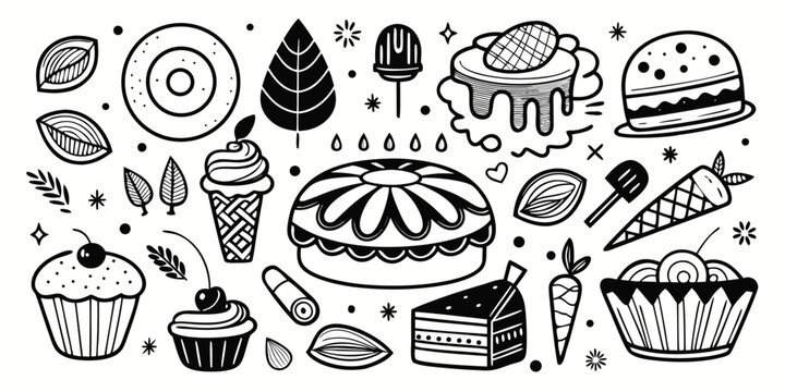 Collection of hand-drawn desserts and sweets featuring pies cakes ice cream and pastries