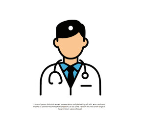 Fototapeta premium A flat design, color line icon of a male doctor or physician wearing a white coat and a stethoscope around his neck.