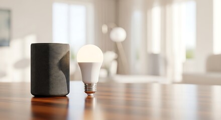 Smart Home Voice Assistant and Light Bulb on Table.