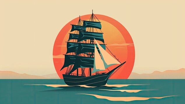 A stylized illustration of a three-masted sailing ship sailing towards a large, setting sun over calm water and a distant, low mountain range - Powered by Adobe