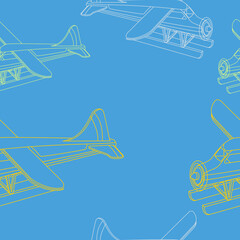 Editable Outline Aerial Three-Quarter Oblique Front View Pontoon Floating Plane Vector Illustration as Seamless Pattern for Creating Background of Transportation or Recreation Related Design