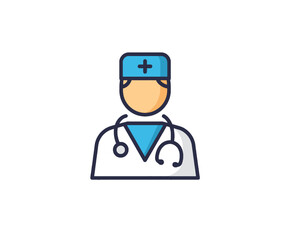 Fototapeta premium A simple, stylized illustration of a doctor wearing a white coat, a stethoscope, and a medical cap.