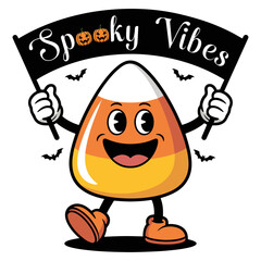 Cheerful Halloween Candy Corn Mascot Holding Spooky Vibes Banner Vector