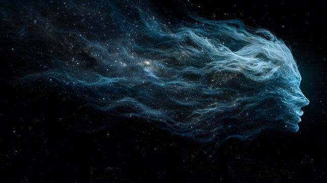 Celestial being with glowing hair made of the cosmos, floating in a pitch-black galaxy
