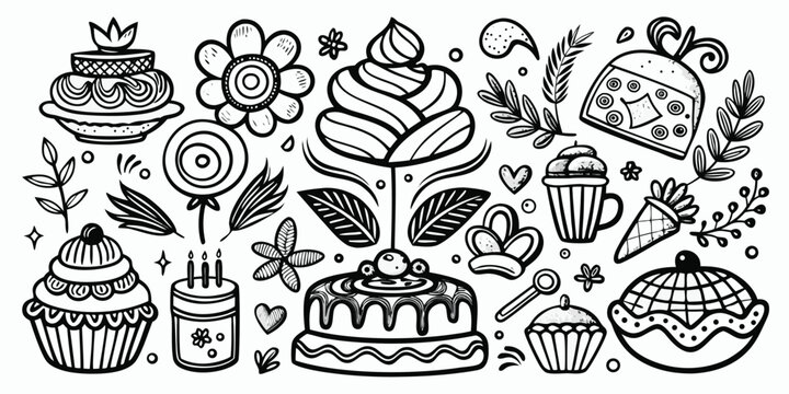 Hand-drawn desserts and sweets collection with cakes cupcakes and flowers line art style