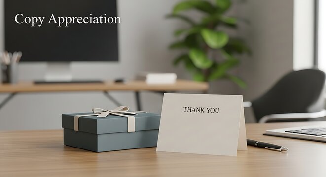 Thank You Card and Gift Box on Modern Office Desk.