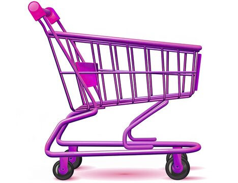 A vibrant purple shopping cart, rendered in 3D, is presented against a stark white background, showcasing its metallic structure and small wheels - Powered by Adobe