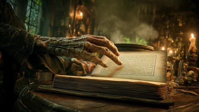 Dark witch's potion brewing in a spooky Halloween setting with candles and ancient book

