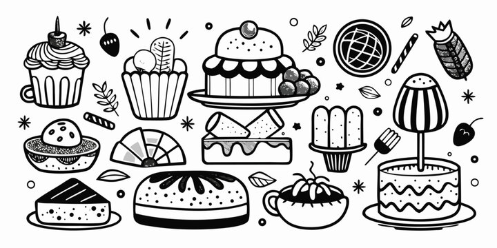Whimsical black and white sketch collection of delicious desserts and sweet treats