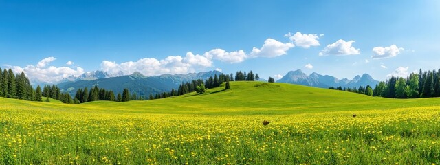 Fototapeta premium Beautiful Panoramic View of Green Meadow under Bright Blue Sky