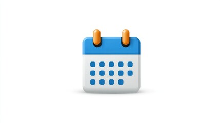 A minimalistic 3D rendering of a blue and white calendar icon with a simple design