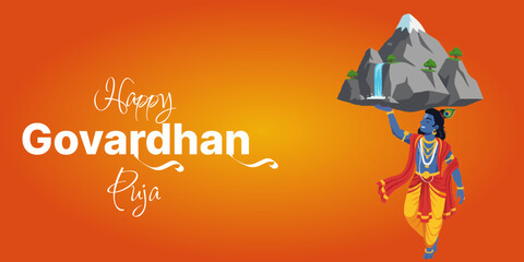 Happy Govardhan Puja Indian Krishna Art Decorative Mountain Celebration Spiritual Worship Traditional Festival Hindu Culture Joyful Ritual Dham