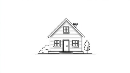 Fototapeta premium Simple house sketch, gable roof, chimney, lawn, and tree. Black and white outline