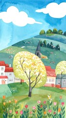 Watercolor village scene