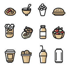 Collection of simple food and beverage icons on transparent background