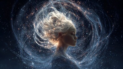 A glowing mystical woman surrounded by a halo of cosmic hair in a dark starry sky