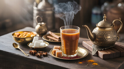 Traditional Chai Tea with Sugar Crystals and Spices in Authentic Street Stall Setting