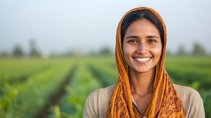 Smiling Woman in Orange Scarf Standing in Lush Green Field