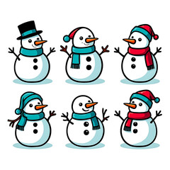 Six Cartoon Snowmen Wearing Different Hats and Scarves Perfect for Winter Holiday Season