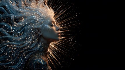 Celestial woman with luminous cosmic hair radiating energy, set in a black background