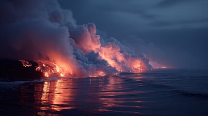 Lava flows into the ocean creating steam and smoke at dusk or dawn.