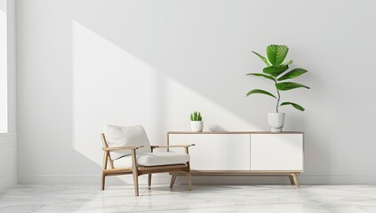 Sunlit minimalist room with white chair, sideboard, and potted plants
