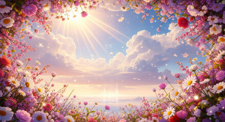 Dreamy floral frame with ethereal sunlight and soft clouds in a pastel sky background