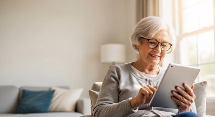 Senior woman using tablet computer at home Modern lifestyle concept Casual style Indoor setting